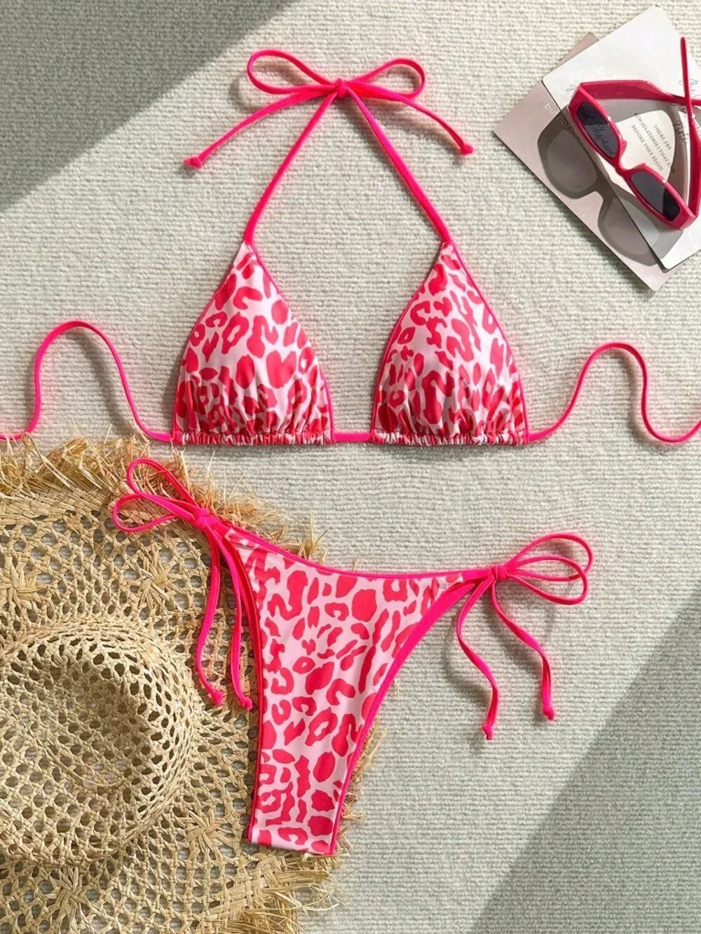 Watermelon pink Leopard Print Spaghetti Strap Tie Women's Beach Bikini Set